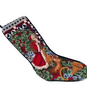 Vintage Needlepoint Christmas Stocking Santa Claus Reindeer Navy Velvet 19 inch